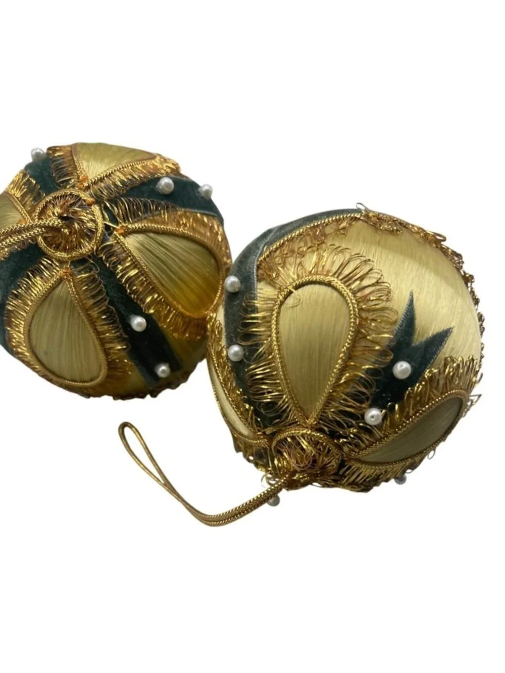 vintage set of 2 silk Christmas ornament gold green ribbon embellished felt READ